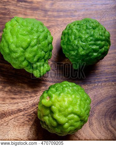 Citrus Hystrix, Kaffir Lime Or Makrut Lime, Citrus Fruit Native To Tropical Southeast Asia. Fruit An