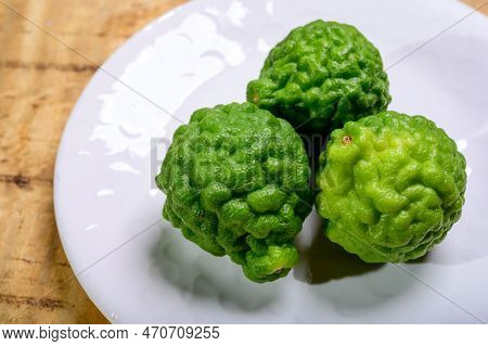 Citrus Hystrix, Kaffir Lime Or Makrut Lime, Citrus Fruit Native To Tropical Southeast Asia. Fruit An