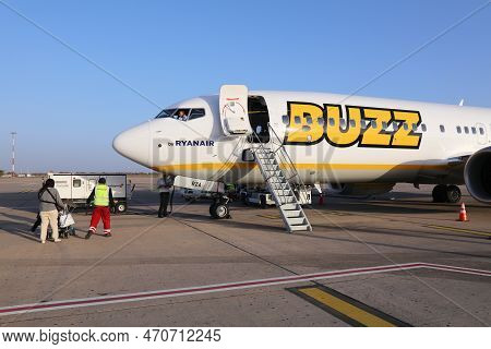 Agadir, Morocco - February 13, 2022: Workers Handle Boeing 737 Max Of Ryanair Buzz Airline At Agadir
