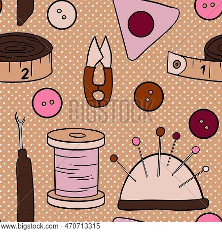 Hand Drawn Seamless Pattern With Thread Needle Tape Button Sewing Crafts Dressmaking Items. Pink Bro
