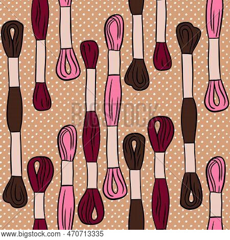 Hand Drawn Seamless Pattern With Moulinet Embroidery Sewing Crafts Dressmaking Items. Pink Brown Bei