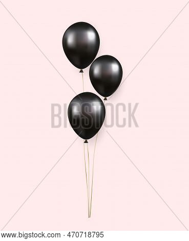 3d Realistic Blck Happy Birthday Balloons Flying For Party And Celebrations. Illustration For Card, 