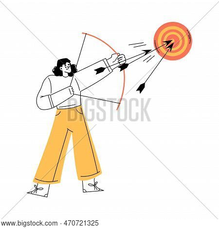 Productivity With Woman Character Shooting Bow With Arror In Aim Vector Illustration