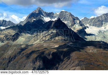 Close-up View Of The Landscape With Mountain Ranges And Snow On The Tops On A Mount Gornergrat, Near