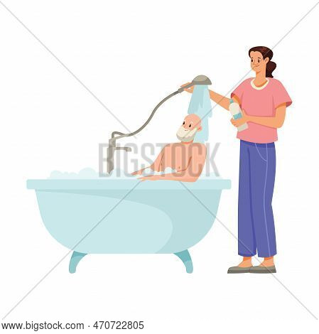 Woman Volunteer Caring Of Elderly Man On Retirement Washing Him In Bathtub Vector Illustration