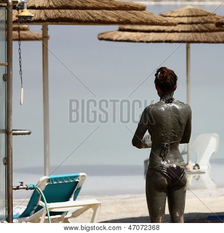 Neve Zoar, Israel - May 24: Young Caucasian  Women Taking Mud Treatment Outdoor On Summer Day On May