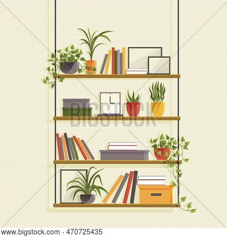 Book Shelves With Colorful Objects. Cartoon Design Style Bookshelves With Different Potted Plants Bo
