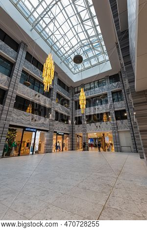 Wroclaw, Poland - April 2022: Beautiful Renovated Interior Of Renoma Shopping Mall With Golden Chand