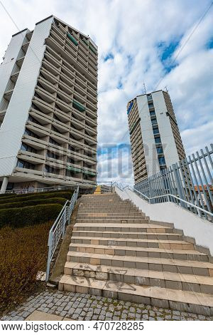 Wroclaw, Poland - April 2022: Cityscape Of Big Old Skyscrapers 