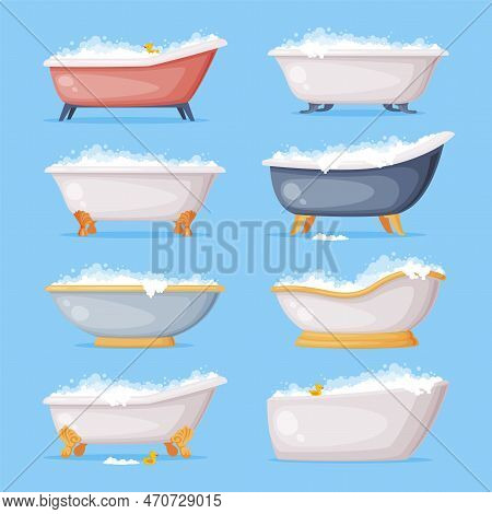 Cast Iron Bathtub On Foot Full Of Water With Soap Bubbles Foam Isolated On Blue Background Vector Se