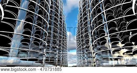 Overpopulation. Two Rows Of Futuristic Apartment Buildings Reflect Each Others In Glass Mirrored Fac