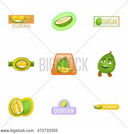 Durian Logo Set. Cartoon Set Of 9 Durian Logo For Web Design Isolated On White Background