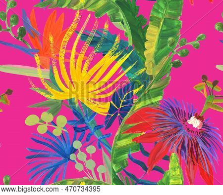 Bright Seamless Pattern With Multicolored Tropical Flowers And Leaves Painted In Drybrush Gouache Fo