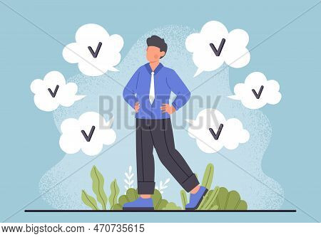 Competence And Experienced. Man Next To Clouds With Checkmarks. Approval And Acceptance. Business An