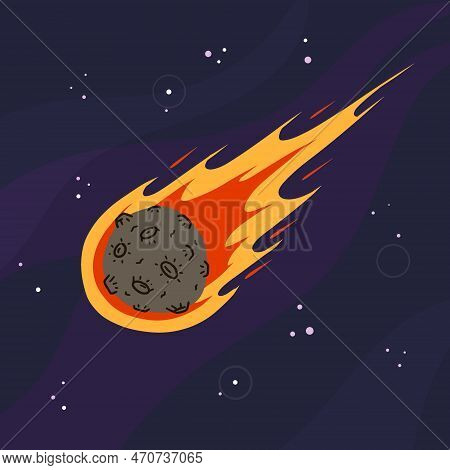 Flying Asteroid, Burning Comet On Background Of Night Sky. Astronomical Object With Tail Vector Desi