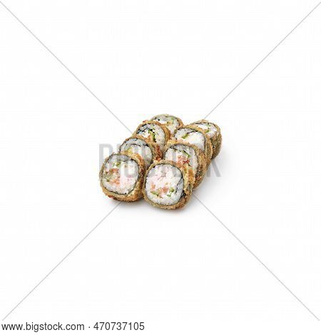 The Set 8 Tempurra Sushi Rolls Gourmet In Tempurra Roll White Background Isolate