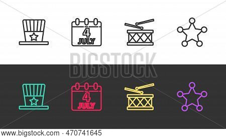Set Line Patriotic American Top Hat, Calendar With Date July 4, Drum And Drum Sticks And Hexagram Sh