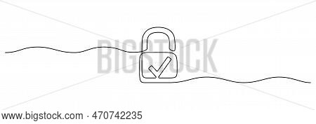 One Continuous Line Drawing Of Padlock With Check Mark. Outline Symbol Password Lock And Security Pr