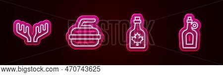 Set Line Deer Antlers, Stone For Curling, Bottle Of Maple Syrup And . Glowing Neon Icon. Vector