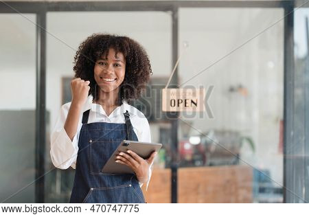 Startup Successful Small Business Owner Sme Beauty Girl Stand With Tablet Smartphone In Coffee Shop 