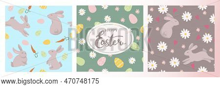 Easter Rabbit Pattern Set. Seamless Pattern With Rabbit, Carrots And Daisy Flower. Vector Illustrati
