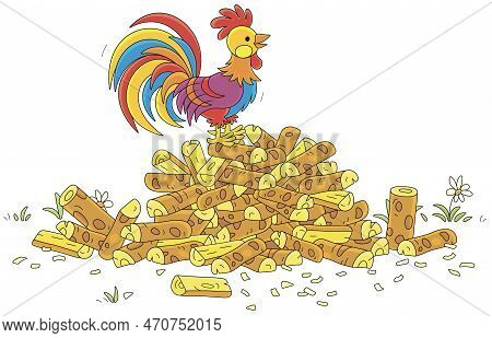 Colorful Rooster Singing On A Pile Of Chopped Firewood For A Stove Of A Village House, Vector Cartoo