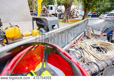 Steel Crate, Container, Toolbox Overfull Of Many Different Tools Were Placed In The Truck Trailer On