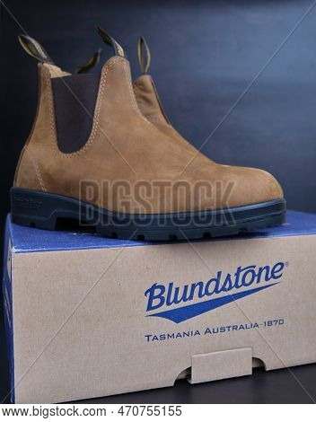 Chisinau , Moldova - 03 001 2023 : Pair Of Brown Leather Blundstone Chelsea Boots Shoes Footwear