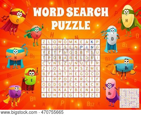 Word Search Puzzle Game. Cartoon Cheerful Superhero Vitamin Characters. Colors Word Search Quiz, Chi
