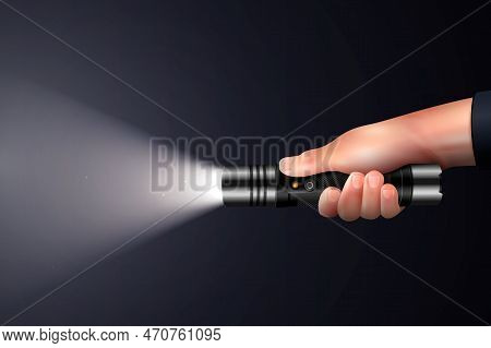 Flashlight In Human Hand And Beam Of Light Directed In Darkness Realistic Background 3d Vector Illus