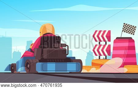 Karting Cartoon Poster With Racer Driving On Raceway Vector Illustration