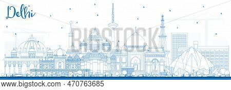 Outline Delhi India City Skyline With Blue Buildings. Vector Illustration. Business Travel And Touri