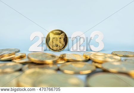 Shiba Inu In 2023 Price Prediction Concept. Shib Coin Standing Next To Cryptocurrency Tokens And Yea