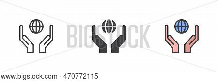 Hands With Globe Different Style Icon Set. Line, Glyph And Filled Outline Colorful Version, Outline 