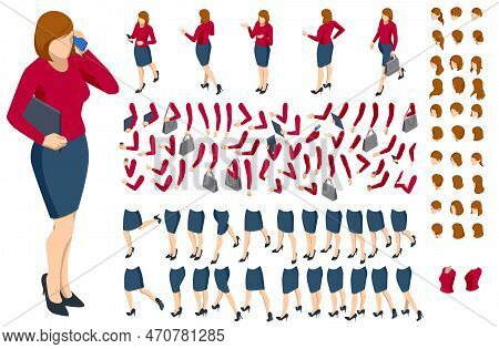 Isometric Brown-haired Woman Character Constructor. Front And Back View. Various Options For Hairsty