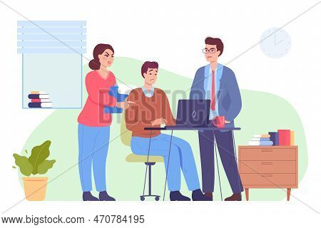 Upset Employee Working At Laptop And Colleagues Arguing. Male And Female Co-workers Collaborating On