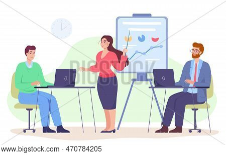 Female Employee Giving Presentation On Project To Colleagues. Office Co-workers Collaborating Flat V