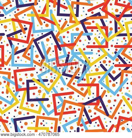 Colorful Seamless Pattern. Circles, Dots And Stylized Half Squares. Fun Colorful Line Doodle Shape B