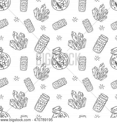 Witchcrafts Seamless Pattern With Jars, Salt And Crystal On White Background. Modern Witch Black Out
