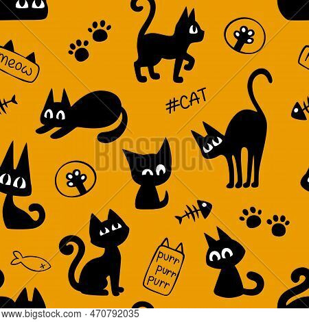 Cute Cartoon Black Cats Halloween Seamless Pattern. Cats Background For Halloween And Other Design. 