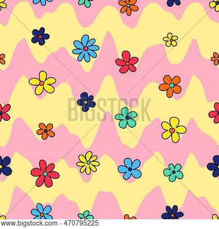 Trendy Groovy Seamless Pattern For Decorative Design. Retro 60s 70s Psychedelic Design. Floral Seaml