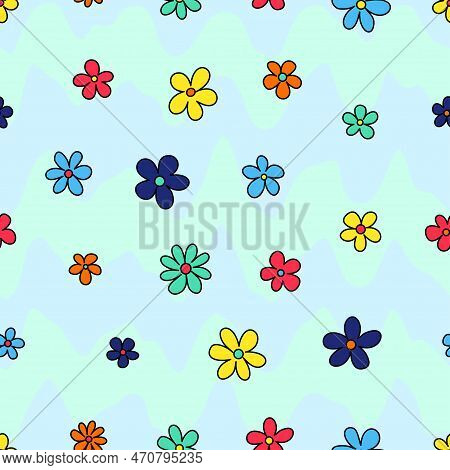 Trendy Groovy Seamless Pattern For Decorative Design. Retro 60s 70s Psychedelic Design. Floral Seaml