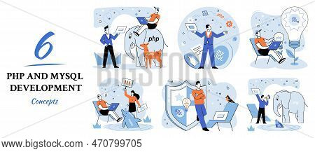 Php And Mysql Development Metaphor. Software Website Developer With Computer, Programmer Service, Op