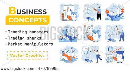 Stock Market Manipulation Concepts Set, Change Business Graph Indicator, Influence Crypto Currency P