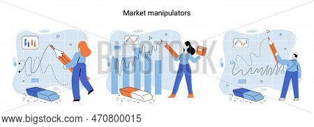 Stock Market Manipulation Concepts Set, Change Business Graph Indicator, Influence Crypto Currency P