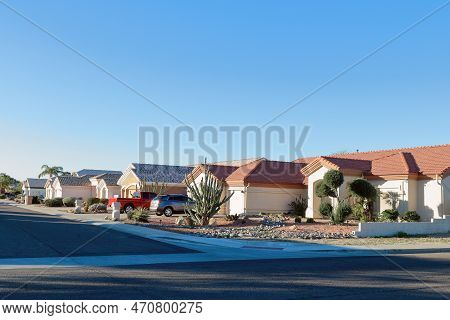 Typical Southwestern Single Family Housing Community  With Low Watering Xeriscaped Front Yards In Ph