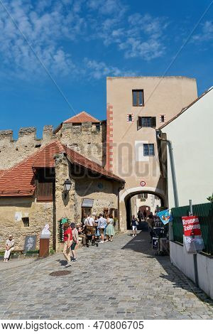 Duernstein, Austria - June 16, 2022: Tourists At The Kremser Tor, Krems Gate, The Eastern City Gate 