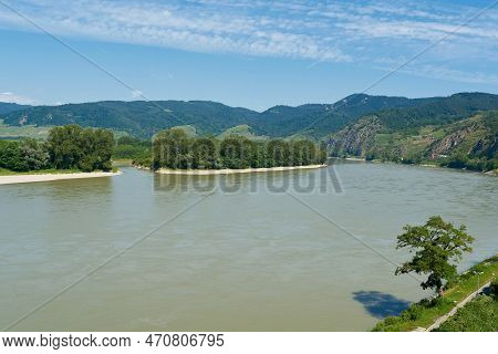River Landscape With Danube River In Wachau Region Near Duernstein In Austria