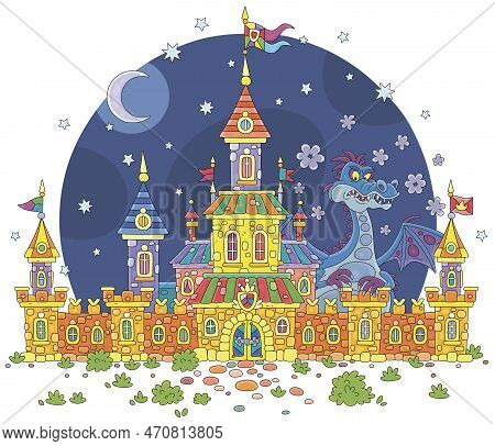Fairytale Castle With High Towers, Defensive Stone Walls, Gates, Waving Royal Flags And A Mythical F