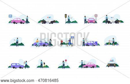 Traffic Police Flat Icon Set Police Traffic Controller, Works In The Parking Lot On The Street Check